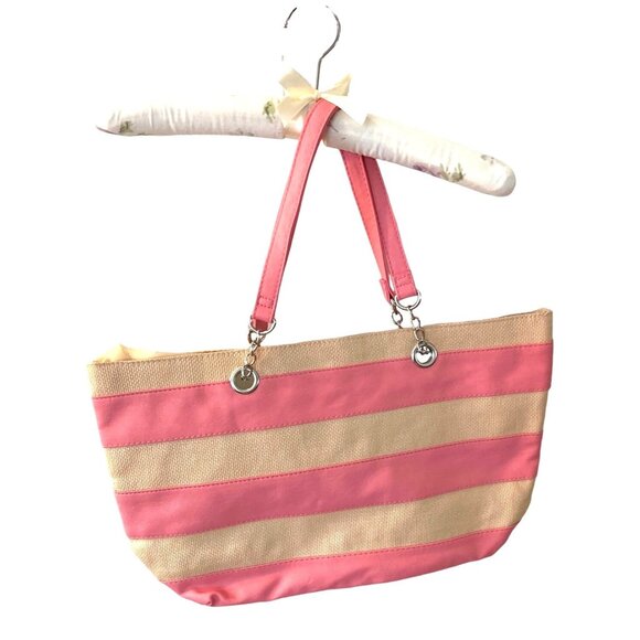 Ulta Pink Striped Tote Bag  Inner Pockets Beach Gym Bag Medium Size - Picture 2 of 7